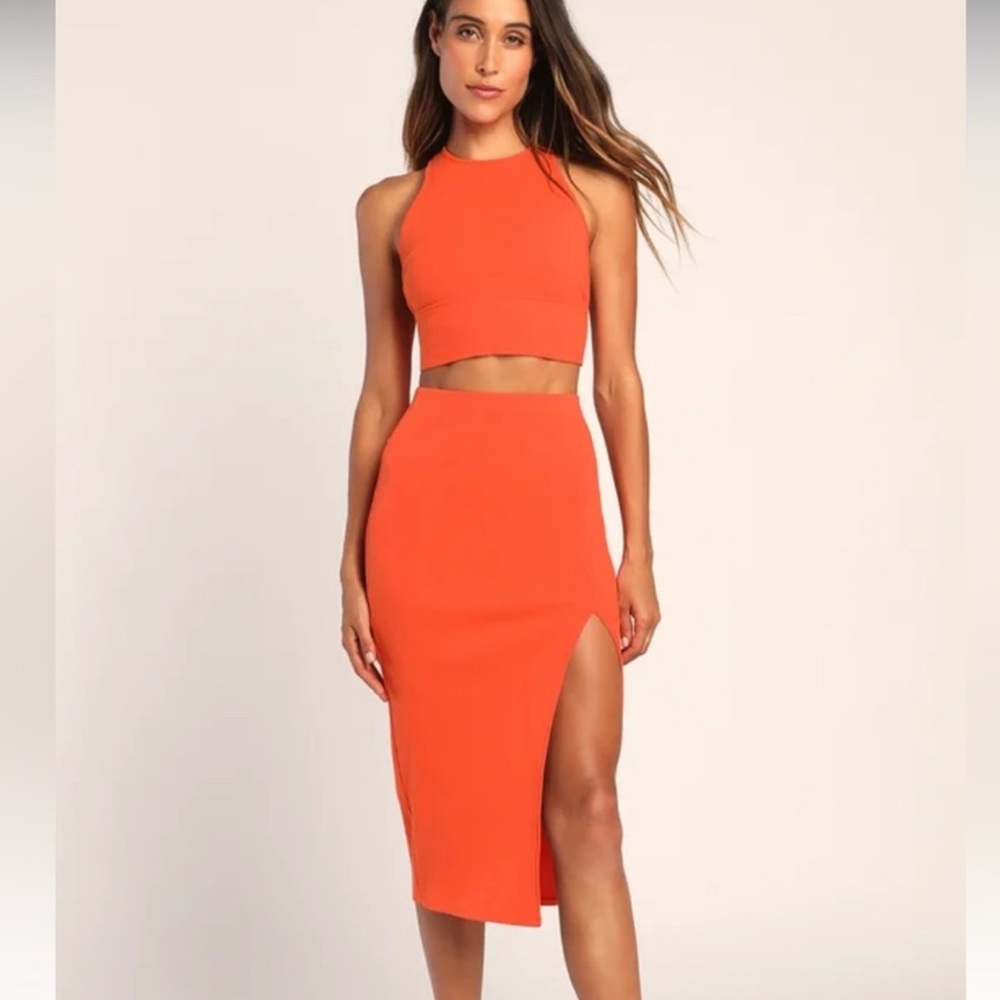 NWT Lulu's Bright Orange Tank & High-Waist Midi Skirt with Side Slit Set